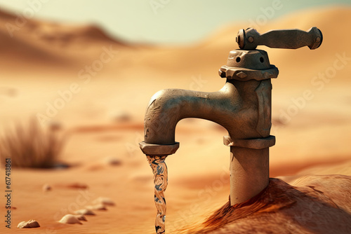 Generative AI illustration of aged metal tap with flowing water in sandy desert on sunny day against blurred background