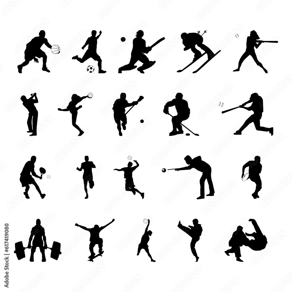 Set of silhouette for sport, activity and game. Set ball sports icons symbols. Baseball player detailed silhouettes sports set. Set of silhouette for sport, activity and game. Set ball sports icons symbols. Baseball player detailed silhouettes sports set.