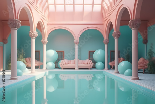 Generative AI illustration of interior design with blue balloons around edge of blue swimming pool with pink supporting column photo