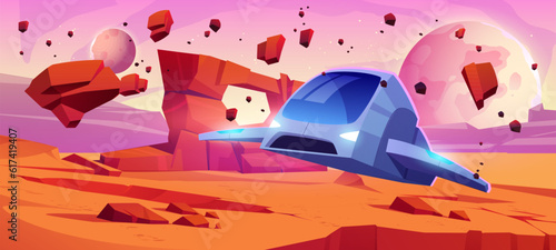 Dry wilderness landscape with spaceship on mars planet cartoon vector background. Alien fantasy universe with floating stone particle and flying shuttle extraterrestrial videogame illustration.