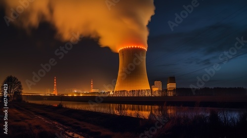 night landscape operating cooling tower of a thermal power plant near the river. generated ai