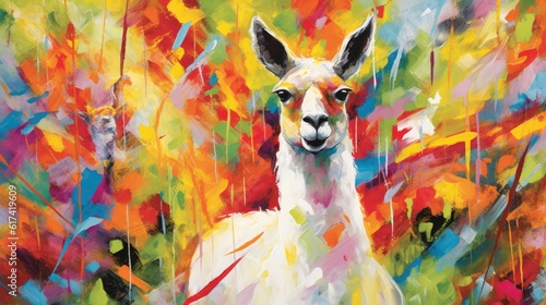 llama form and spirit through an abstract lens. dynamic and expressive lama print by using bold brushstrokes, splatters, and drips of paint. llama raw power and untamed energy © PinkiePie