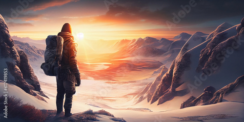 Tourist or climber with a backpack behind his shoulders, stands in the winter snowy mountains and looks at the sunset, rear view. Generative AI