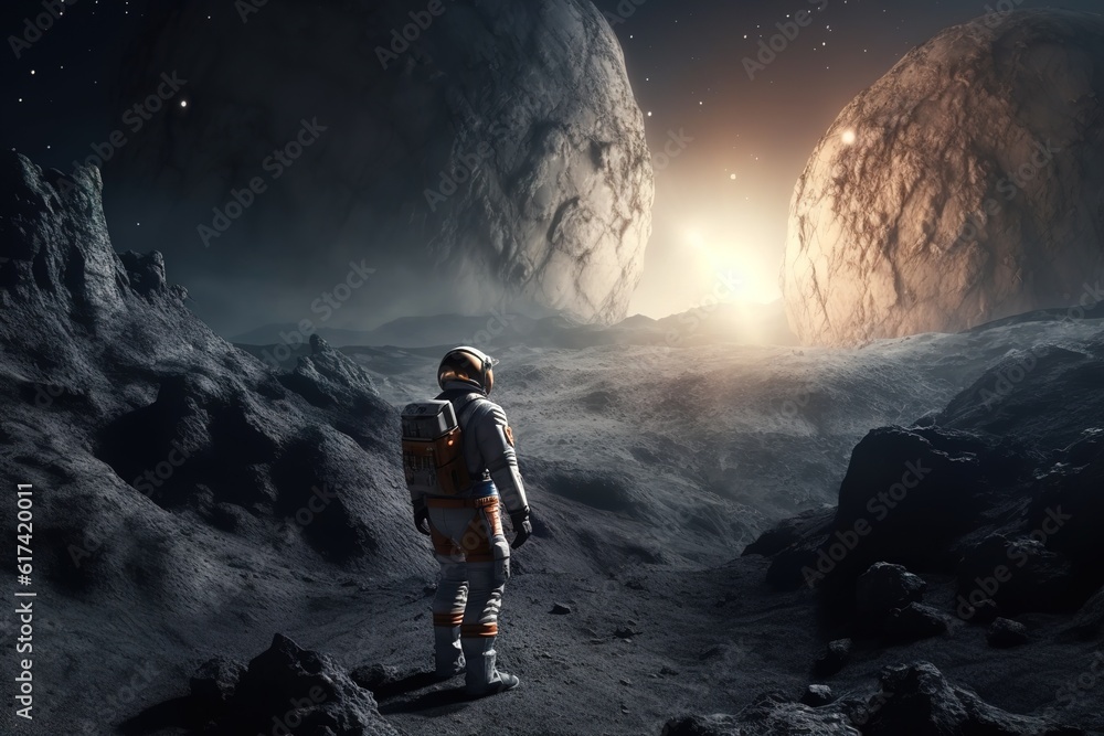 an astronaut stands on a deserted planet and looks at the dawn. generated ai