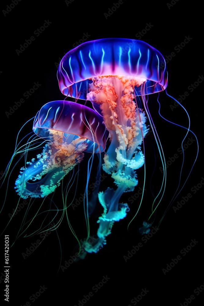 Fototapeta premium vertical image two bright luminous jellyfish on a black background. generated ai