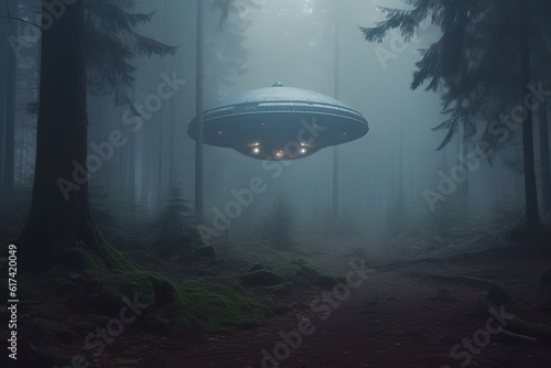 flying saucer aliens in a gloomy cold foggy forest. generated ai