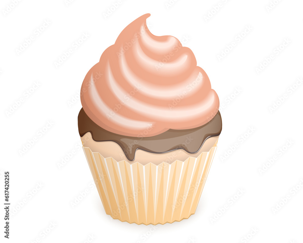 Cupcake decorated with Cherry, hand draw cartoon clipart style Vector Illustration