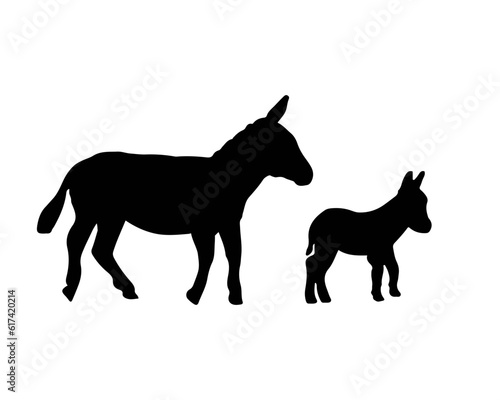 Donkey and foal silhouette. Baby of donkey is mammal farm animal. Vector symbol lives in a ranch. © Arhipteia