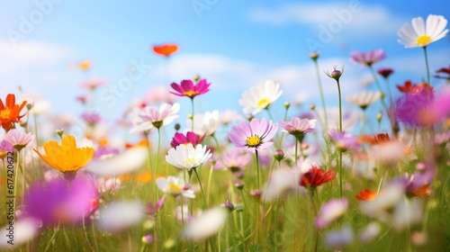 Nature floral background in early summer. Colorful natural spring landscape with with flowers, soft selective focus, Generative AI illustration © AITTHIPHONG