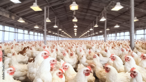 Indoors chicken farm. Poultry farm business for the purpose of farming meat or eggs for food from. Live chicken for meat and egg production inside a storage.