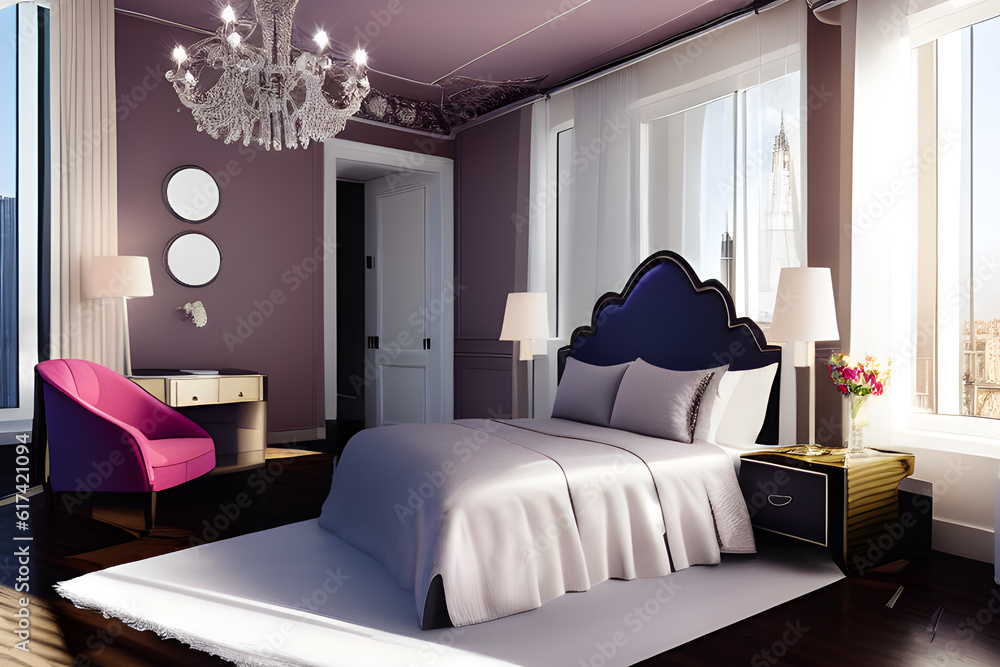 Fototapeta premium Hotel room in a skyscraper with large glass windows overlooking the city center. A romantic place full of love. Generative illustration ai