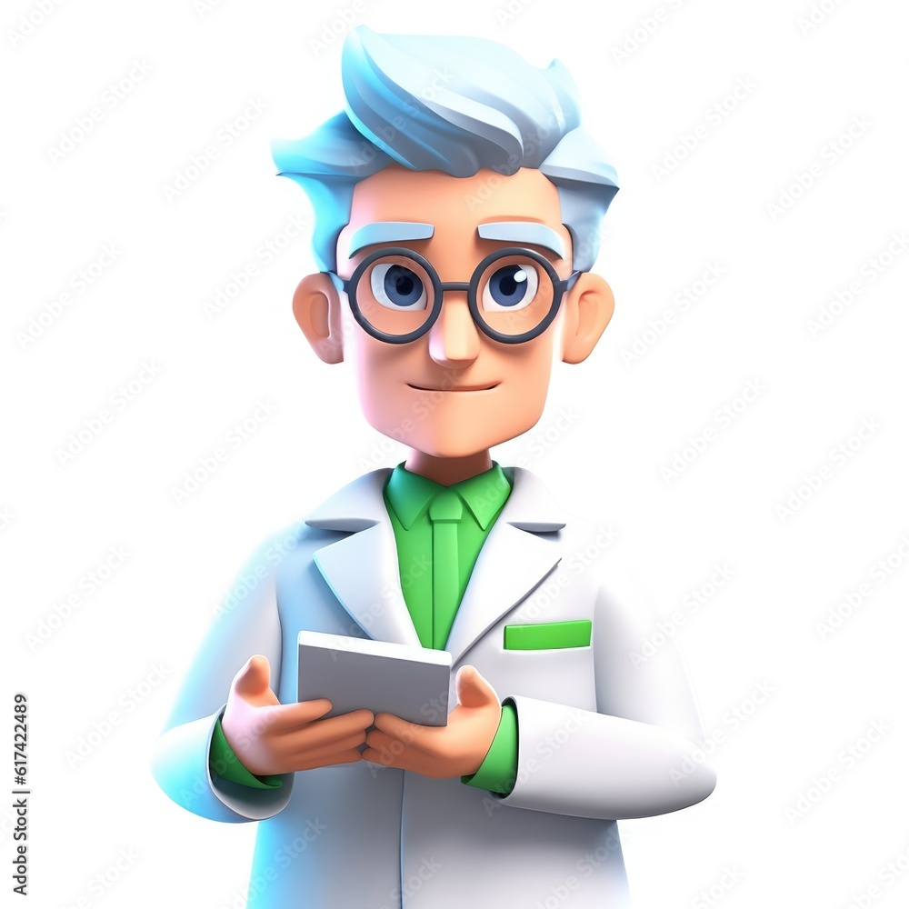 3D doctor character with white hair and white coat on white background Generative AI Illustration 3D doctor character with white hair and white coat on white background Generative AI Illustration