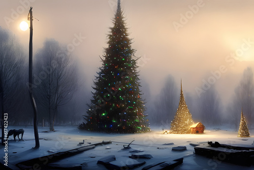 street of a ruined city and a Christmas tree in the middle. A sense of hope. Generative ai illustration. Neural network generated art