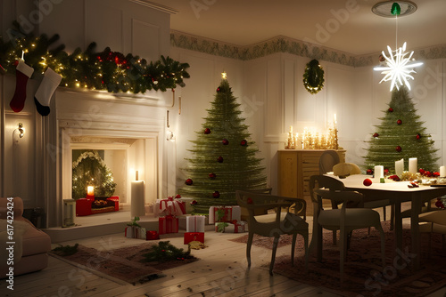 Room decorated in Christmas style to create a peaceful and relaxing atmosphere during the Christmas holidays. Generative ai illustration. Neural network generated art