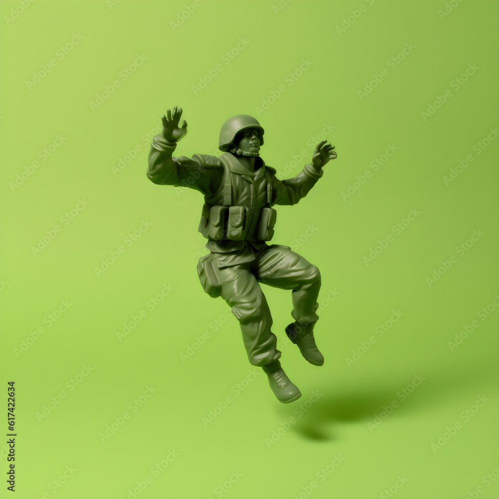 green army man toy jumping isolated on plain studio background made with generative ai green army man toy jumping isolated on plain studio background made with generative ai