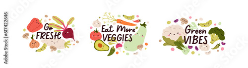 Cute fresh healthy vegetables compositions set. Funny vegetarian stickers with happy veggies characters, tomato, cauliflower and vegan phrases. Flat vector illustrations isolated on white background