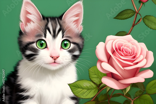 Painting of a cute kitten with green eyes surrounded by roses generated by artificial intelligence. Generative ai illustration