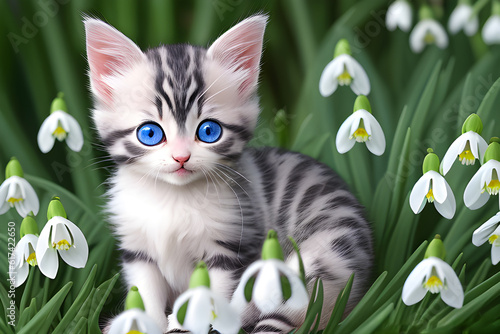 Painting of a cute kitten with blue eyes in a snowdrop field generated by artificial intelligence. Generative ai illustration