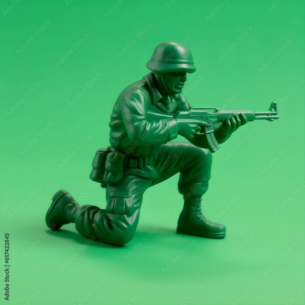 Fototapeta premium green army man toy on one knee with rifle isolated on plain studio background made with generative ai
