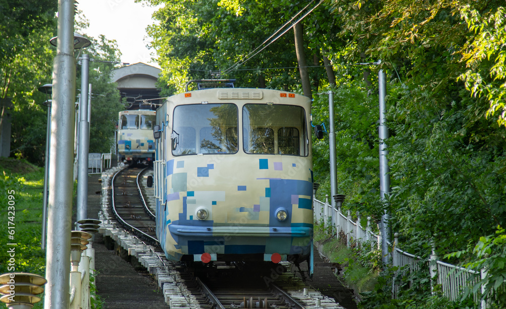 Naklejka premium Public transport funicular. Kyiv, Ukraine. Ukrainian electric tram in Kiev