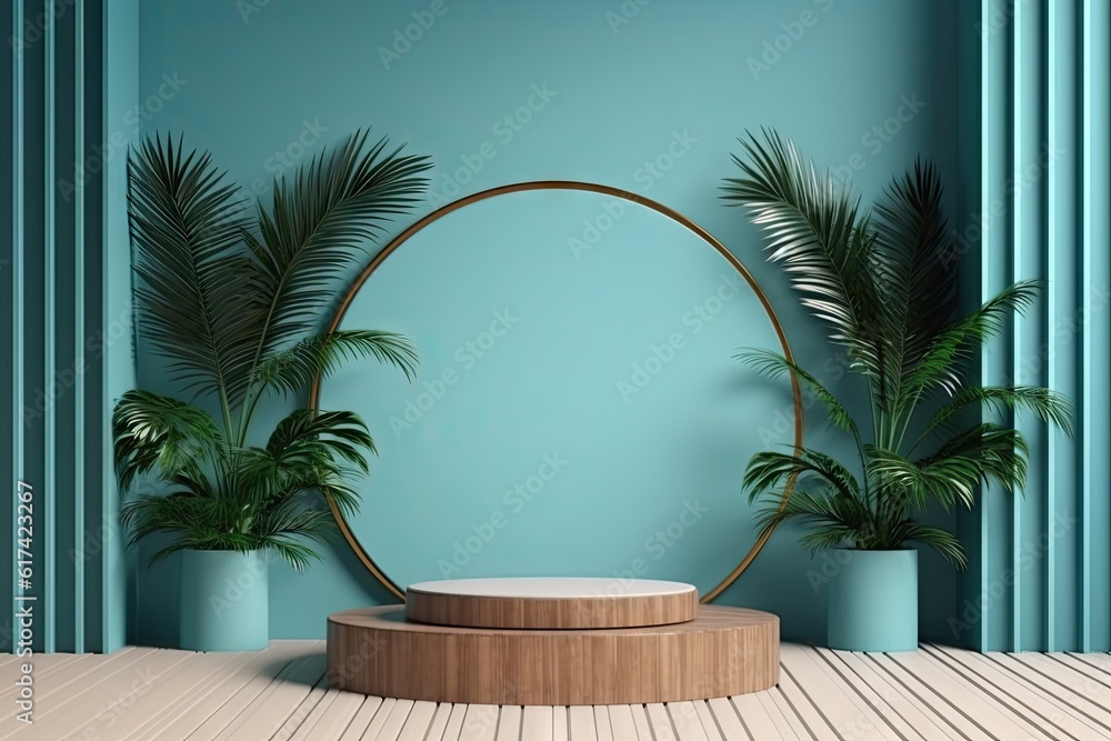 Minimalistic Wooden Podium with Abstract Blue Background for Product Display and Cosmetic Design. Generative AI illustrations Minimalistic Wooden Podium with Abstract Blue Background for Product Display and Cosmetic Design. Generative AI illustrations