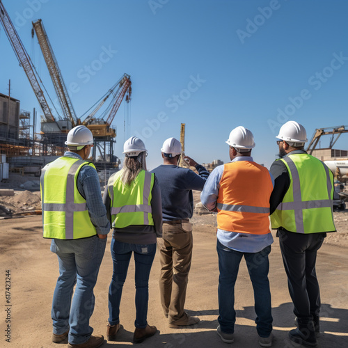 Group of engineers at a construction site. Generative AI.