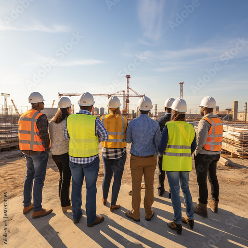 Group of engineers at a construction site. Generative AI.