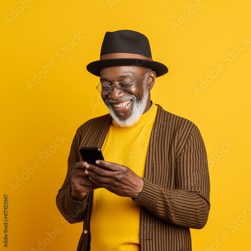 Black senior man using a phone on a yellow background. Generative AI.
