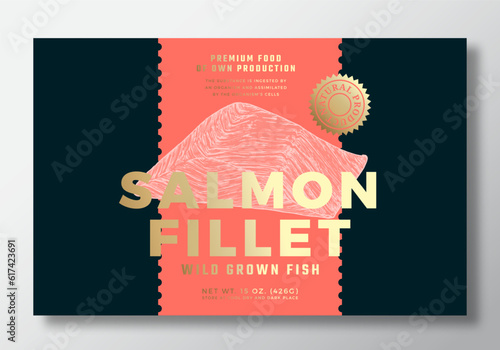Wild Water Salmon Abstract Vector Packaging Label Design Template. Modern Typography Banner, Hand Drawn Fish Fillet Sketch Silhouette. Color Paper Background Layout with Gold Foil Isolated