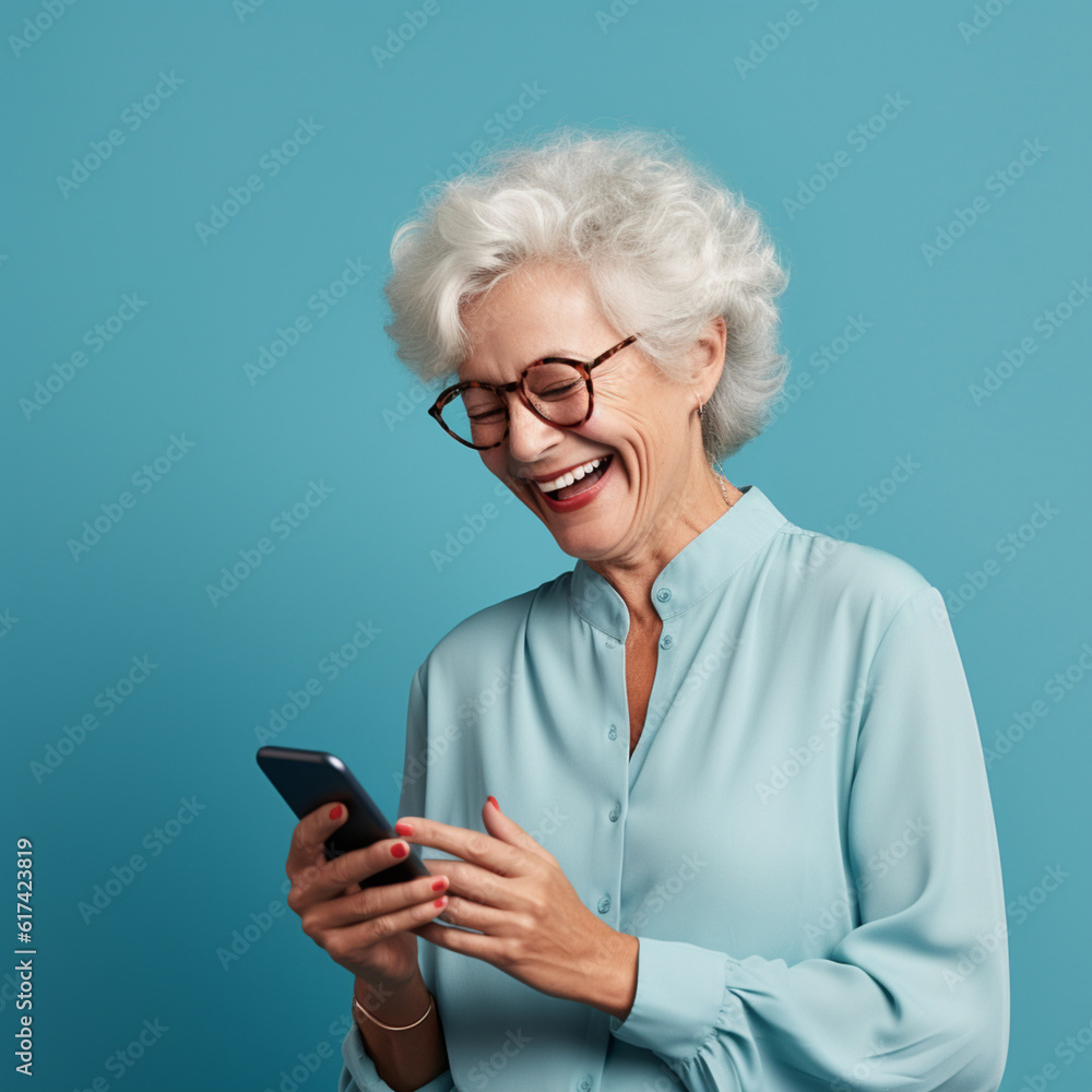 Happy senior woman using a phone. Generative AI. Happy senior woman using a phone. Generative AI.