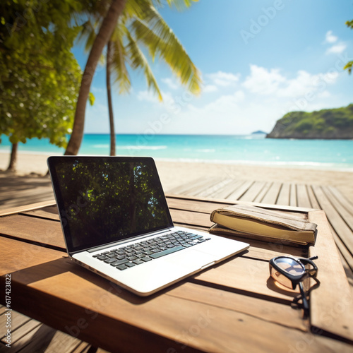 Computer on a paradisiacal beach. Telecommuting. Generative AI.