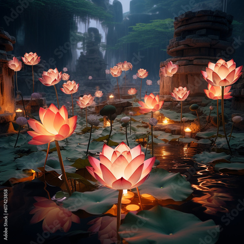 Lotus lanterns. Generative AI.