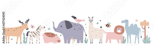 Cute childish animals border, row in Scandinavian style. Jungle exotic lion, elephant, llama, camel, hippo and zebra. Scandi kids flat graphic vector illustration isolated on white background