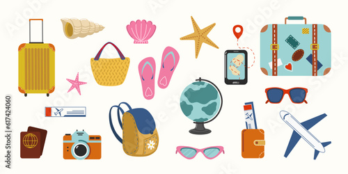 Summer holiday vacation journey illustrations collection. Flat style vector tropical beach trip icons set with suitcases, starfish, pasport, tickets, plane and slippers Isolated