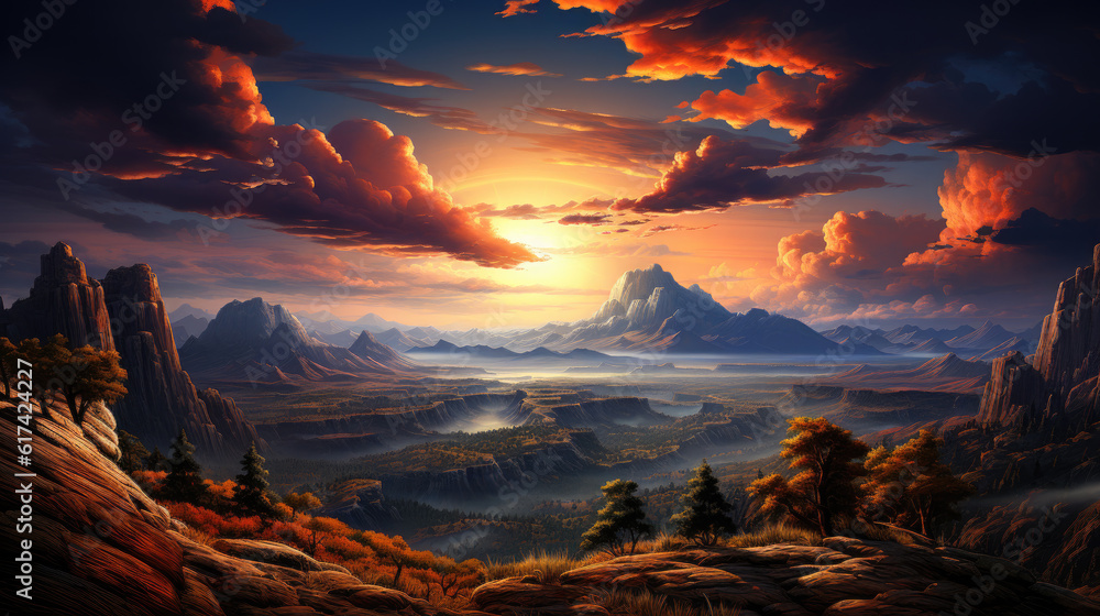Generative ai illustration of  surreal majestic landscape at sunset