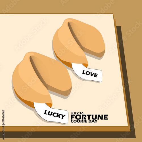 Two fortune cookies containing a piece of paper containing bold text on wooden plate on light brown background to celebrate National Fortune Cookie Day on July 20