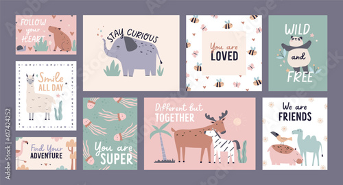 Postcards with cute baby animals in Scandinavian style. Kids cards designs se...