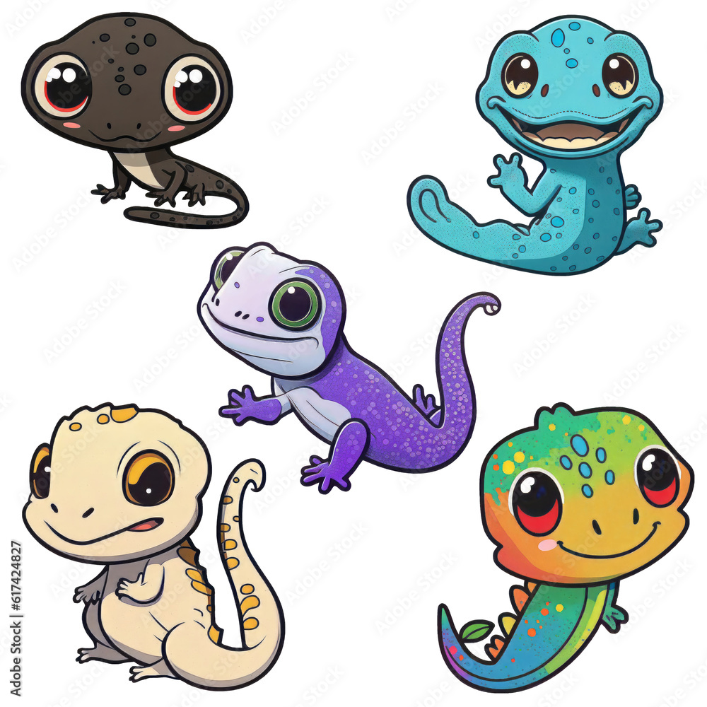 Naklejka premium Set 5 cute stickers of cartoon geckos, on transparent background with png file.