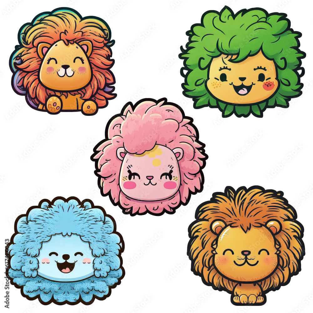Obraz premium Set 5 cute stickers of cartoon lion, on transparent background with png file.