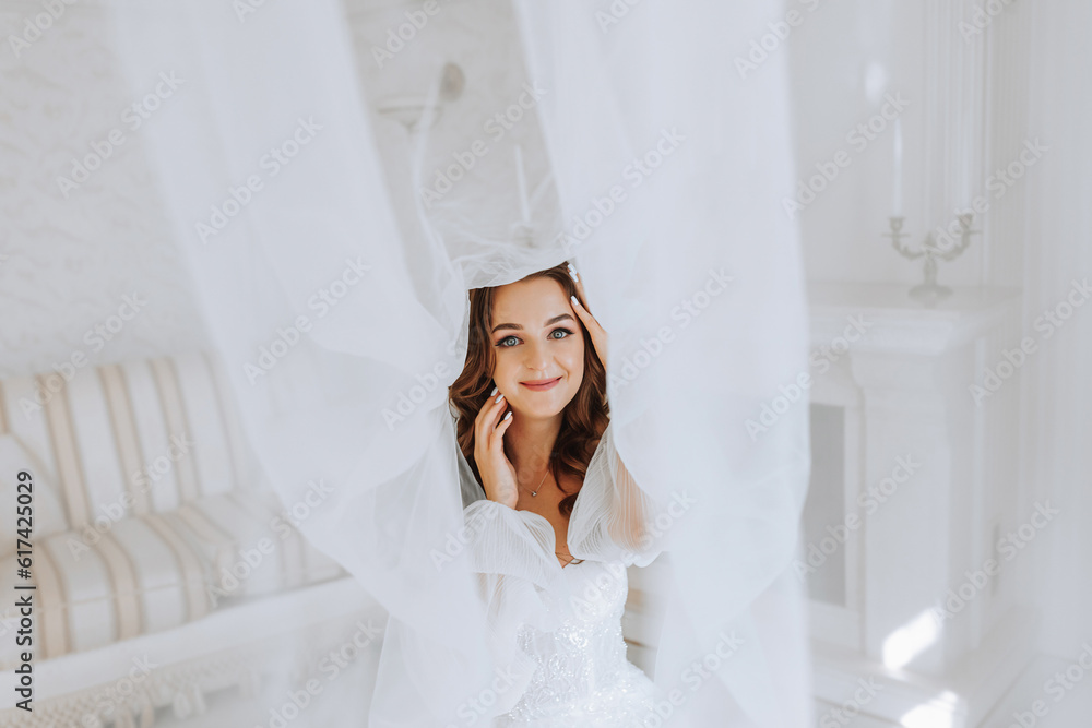 beautiful and gentle girl bride with long brown hair under a veil looks into the camera lens beautiful and gentle girl bride with long brown hair under a veil looks into the camera lens