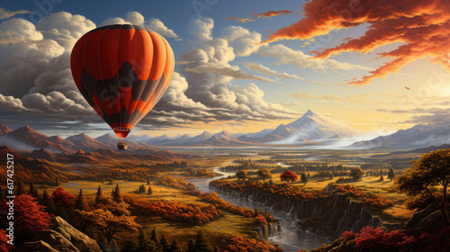 Generative ai illustration of a Hot air balloon in majestic landscape at sunset
