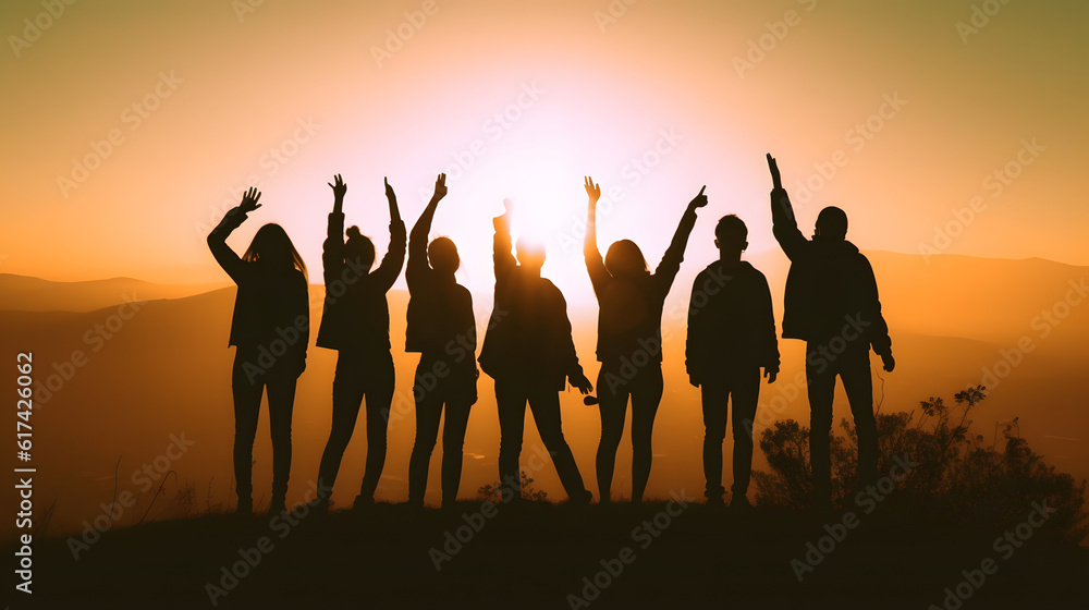Friends share joyful moment and happiness at sunset. AI generated Friends share joyful moment and happiness at sunset. AI generated