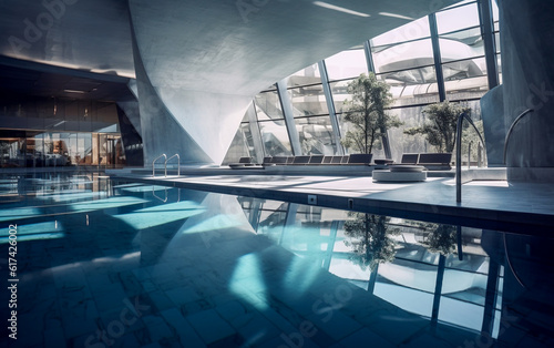 Interior design. Indoor swimming pool. The architecture is modern with concrete   steel and glass