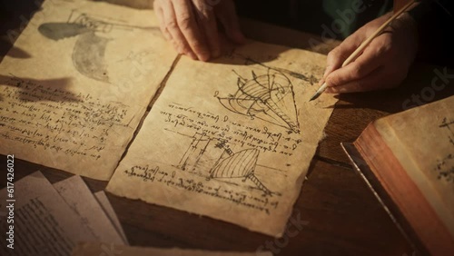 Close Up on Old Renaissance Male Hand Using Ink and Quill to Draw a Blueprint for a New Invention. Dedicated Inventor Working on an Innovative Creation, Writing Notes and Observations photo