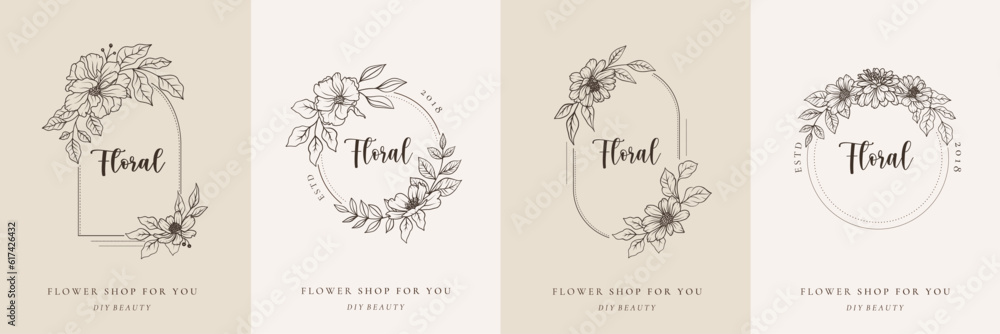 Set of botanical floral line art logo template. Black line art flowers hand drawn monogram frames, wreaths with leaves. Vector illustration for wedding invitation save the date cards, flower shop