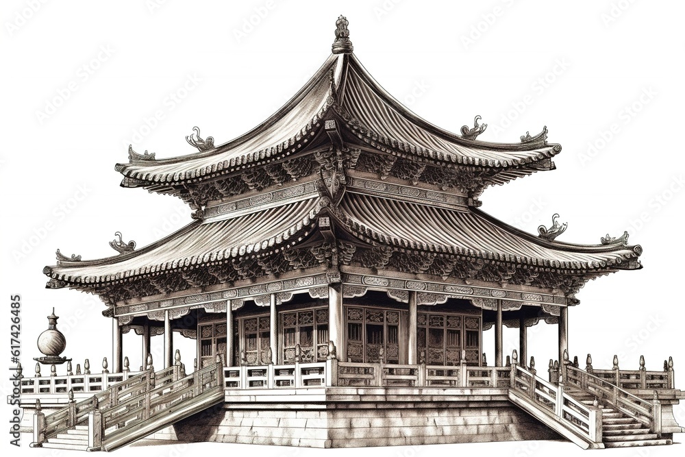 Chinese temple isolated on white background. Generated by AI.