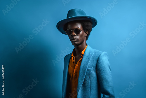 Generative AI illustration of fashionable black male in dandy hat and blue jacket on blue background photo