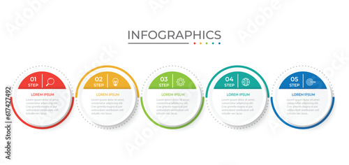 Timeline infographic template design with circles. Business concept with 5 options, steps, sections.