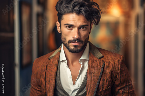 Generative AI illustration of handsome dandy male in brown jacket on blurred background