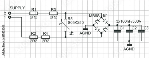 An analog circuit with
electronic components (capacitor, resistor,
diode bridge) connected by conductors. Vector diagram of an electrical
schematic of an electronic device on a grid background.